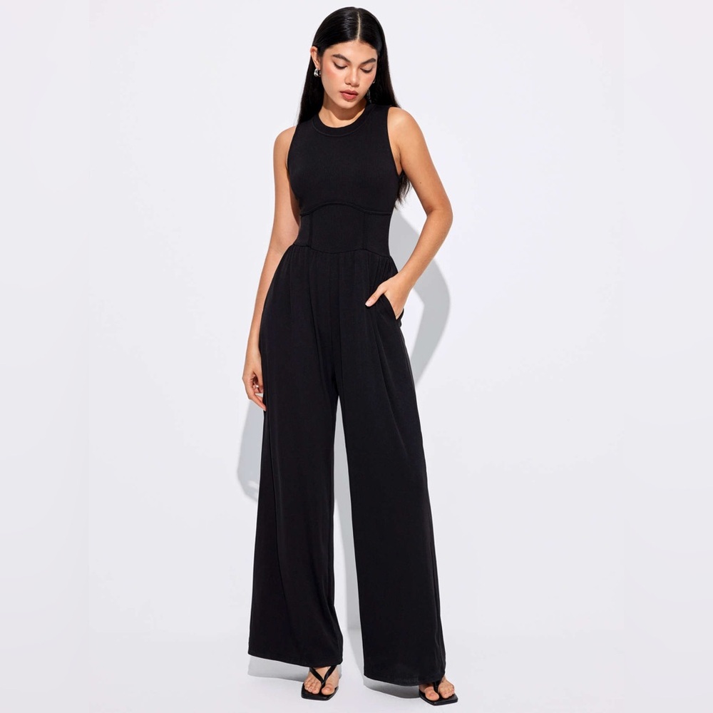 Cider Black Solid Sleeveless Wide Leg Jumpsuit